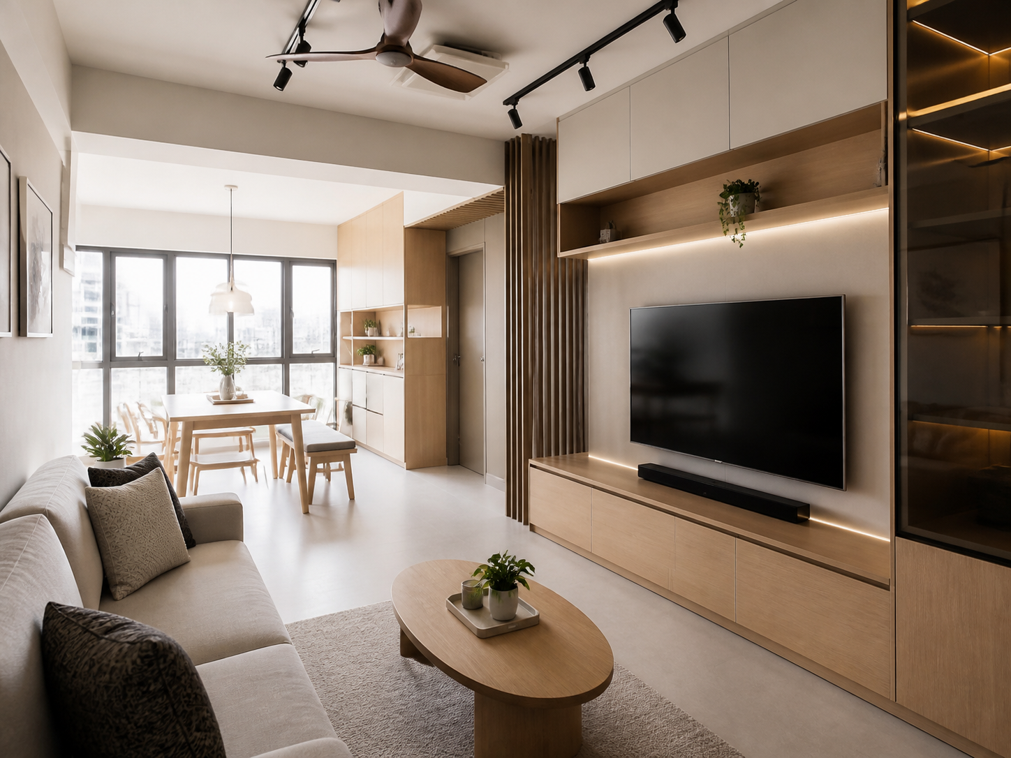 3-Room HDB renovation package with coordinated built-in carpentry